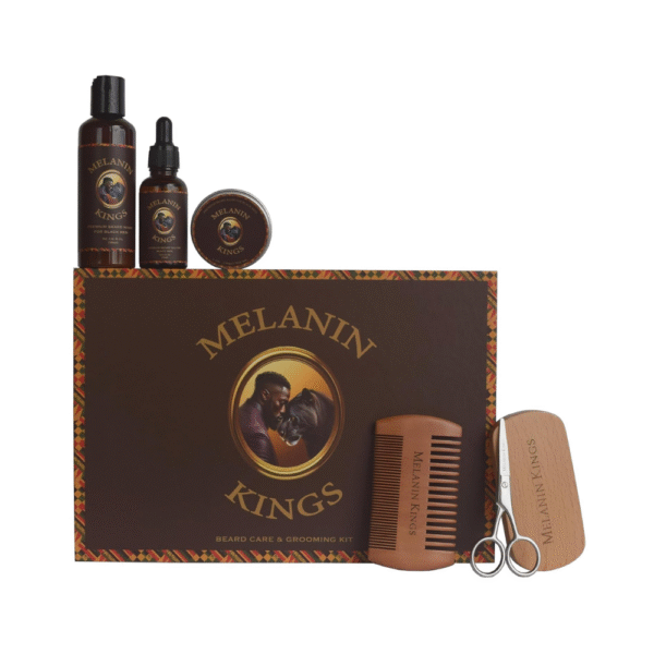 Melanin Kings Beard Grooming Kit for Men – Beard Wash, Oil, Balm, Brush, Comb & Scissors – Ancient African Natural Ingredients with Baobab Oil & Shea Butter – Hydration, Growth & Styling for Black & Mixed Men