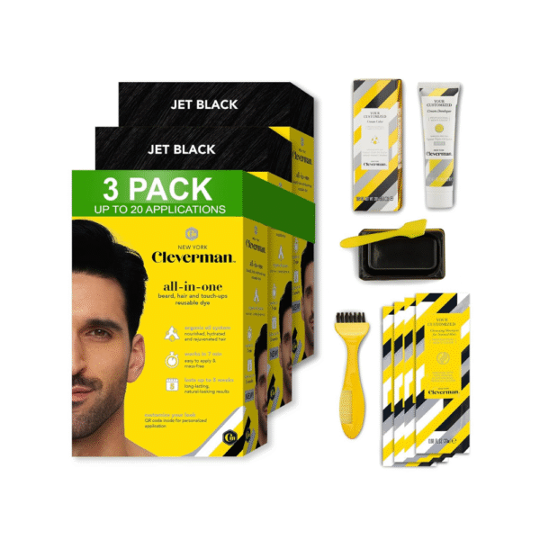 Cleverman Jet Black Hair & Beard Dye Kit for Men (3x2 Pack) – All-in-One Reusable Kit for Natural-Looking Gray Coverage – Professional Quality & Ammonia-Free
