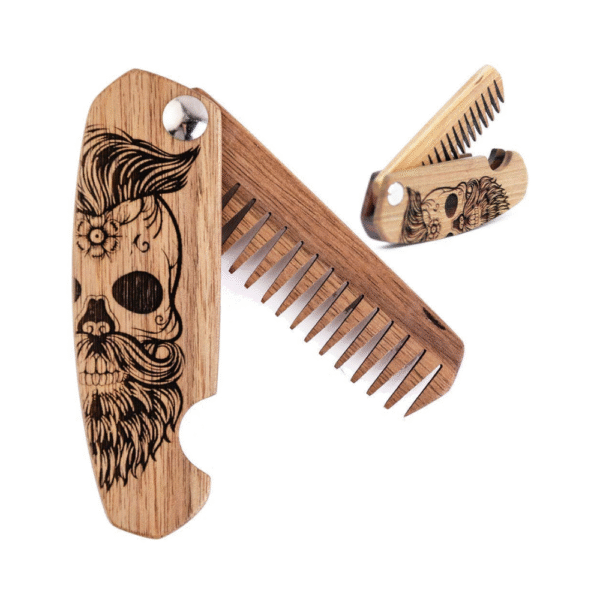 Enjoy The Wood Beard Comb for Men, Folding Pocket Beard Accessories for Men, Engraved Walnut Wooden Comb for Moustache, Beard & Hair - Perfect Gift For Him (Half Skull)