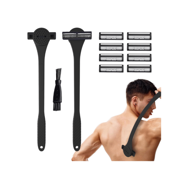 18" Back Shaver & Scrubber for Men 2-in-1 Grooming Tool with Long Handle Wet or Dry Use Built-In Scrubber Compact Storage Box Black