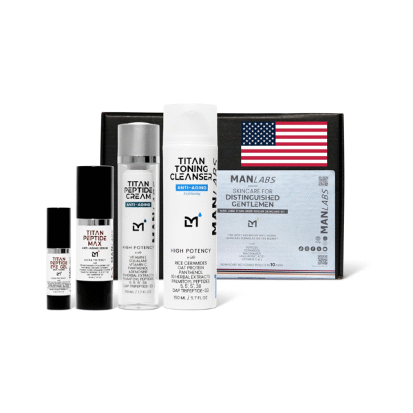 Titan Oscar Anti-Aging Men’s Skin Care Kit – Cleanser, Peptide Serum, Eye Gel, and Face Cream – Targets Dark Circles, Wrinkles & Fine Lines Vitamin C, Peptides, Hyaluronic Acid, Niacinamide 60-Day Supply Made in USA
